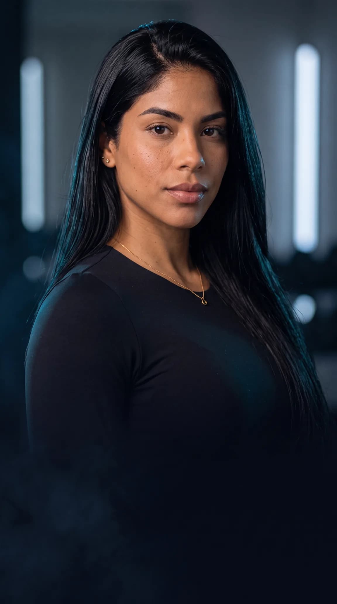 Maya Valentina, influenciadora digital criada pela AGILIDADE com inteligência artificial, em retrato cinematográfico de estúdio.