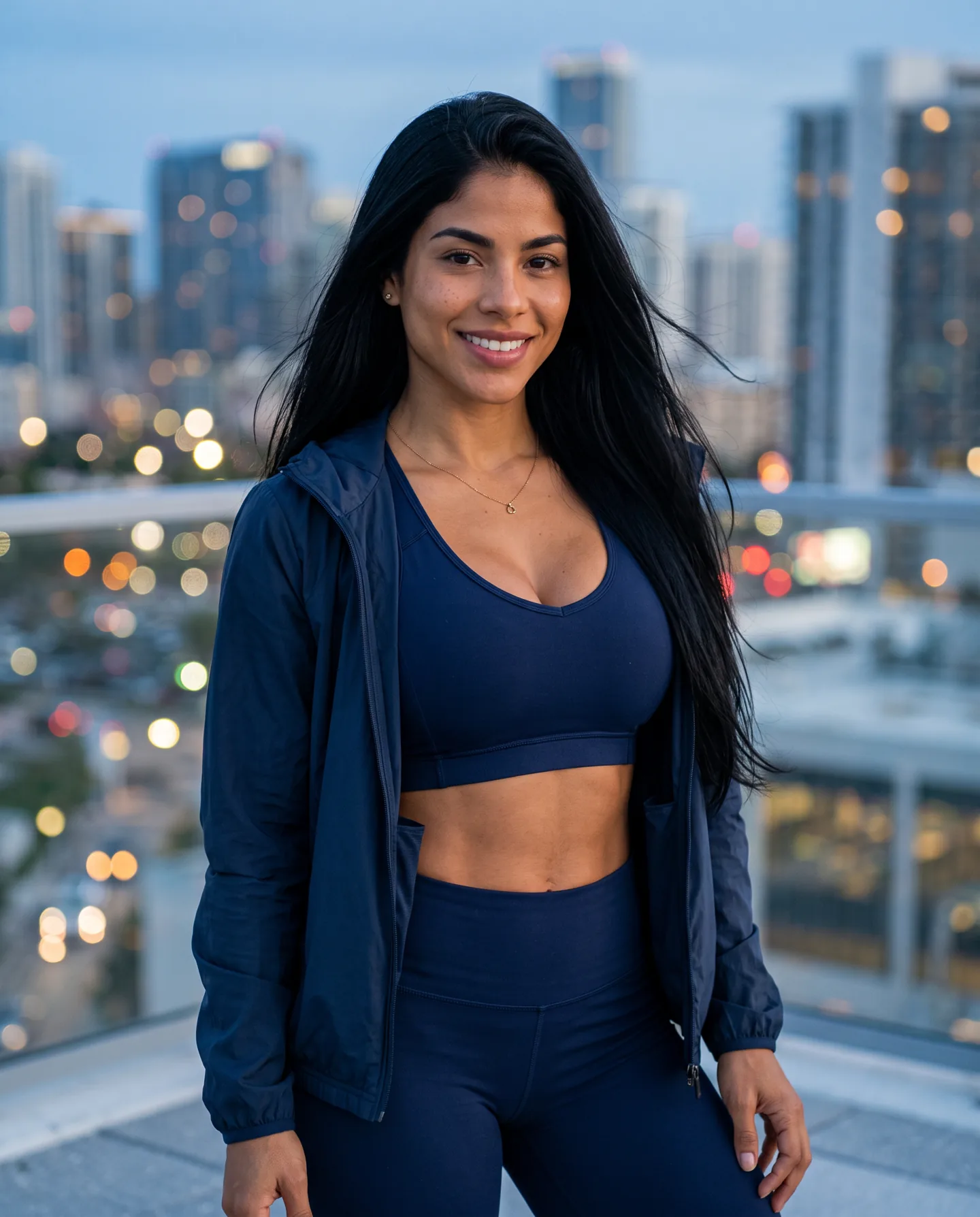 Maya em foto de campanha em um terraço ao entardecer