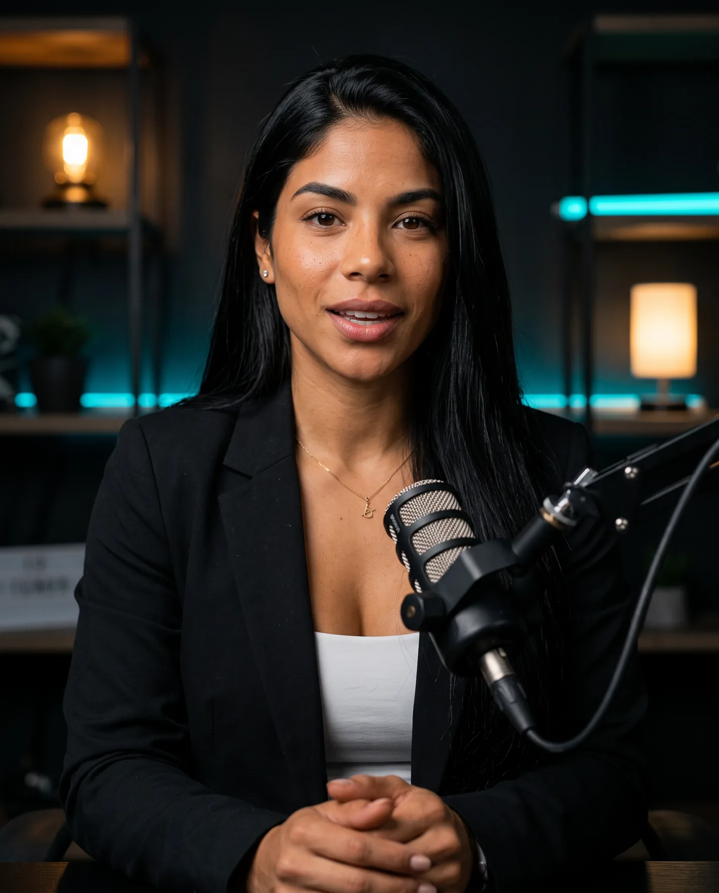 Maya gravando um vídeo em estúdio de podcast